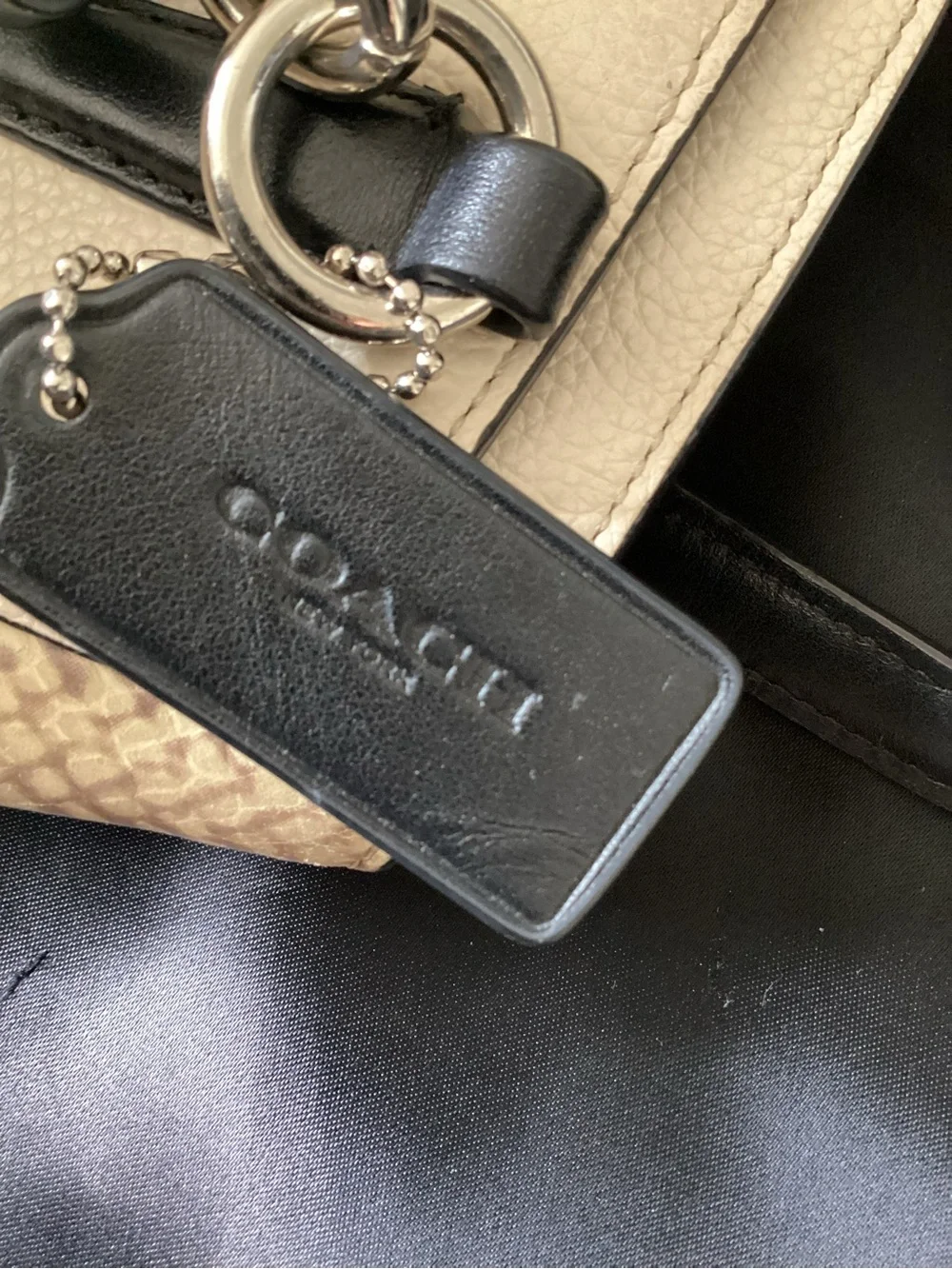 Coach Cream Leather Mini Satchel‎ with Brown Snake-Print Trim and Black Handles